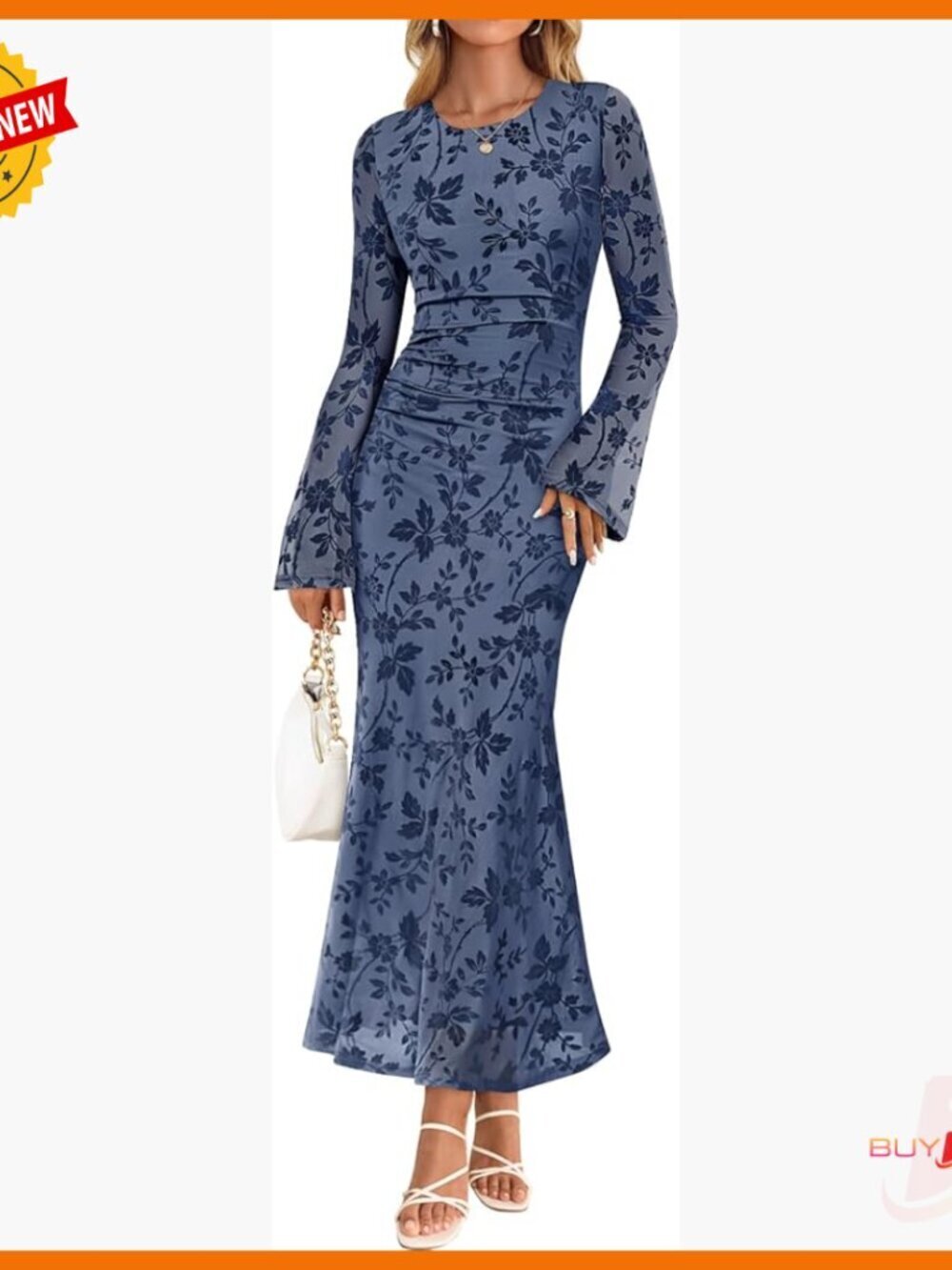Long Sleeve Floral Bodycon Maxi Dress Ruched Mesh Wedding Guest Cocktail